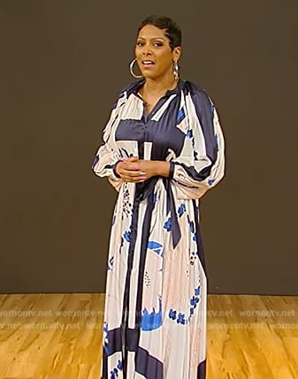 Tamron's blue floral print dress on Tamron Hall Show