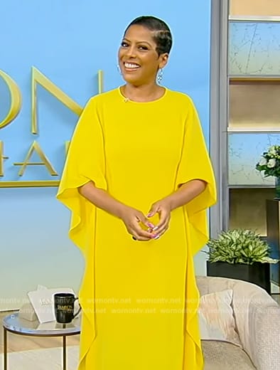 Tamron's yellow ruffle sleeve dress on Tamron Hall Show
