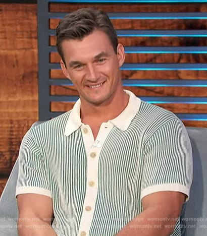 Tyler Cameron's green stripe knit polo on Access Hollywood