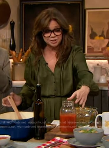 Valerie Bertinelli's green tie neck maxi dress on The Drew Barrymore Show