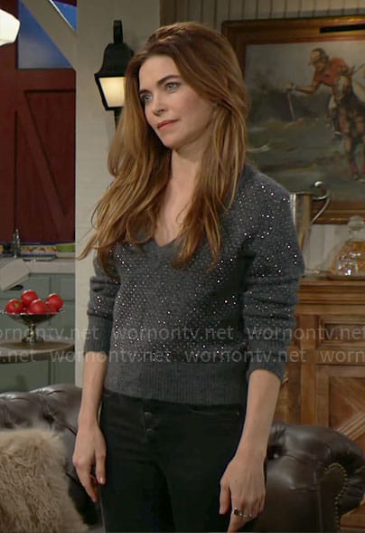 Victoria's grey rhinestone studded sweater on The Young and the Restless