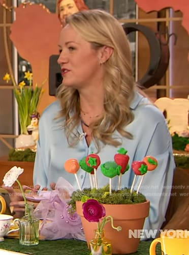 Wendy Naugle's blue button down blouse on The Drew Barrymore Show
