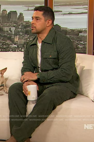 Wilmer Valderrama's green embroidered jacket and pants on The Drew Barrymore Show