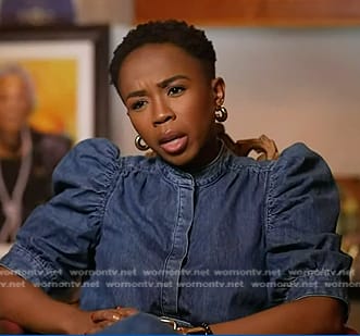 Zinhle's denim puff sleeve top on NBC News Daily
