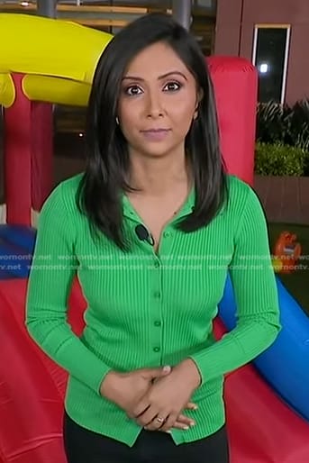 Zohreen Shah's green ribbed cardigan top on Good Morning America