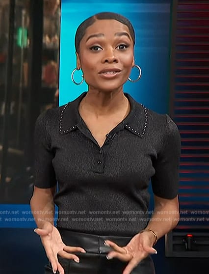 Zuri's black studded collar polo on Access Hollywood