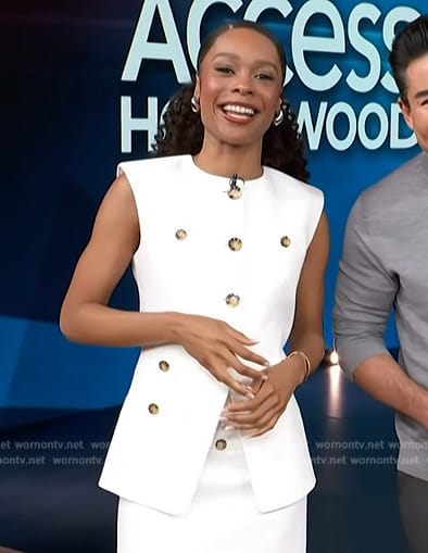 Zuri's white button vest and mini skirt on Access Hollywood