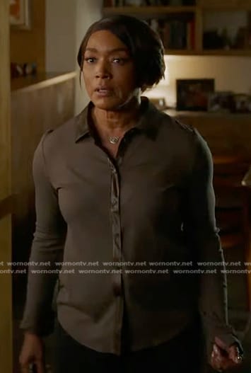 Athena's olive green button down shirt on 9-1-1