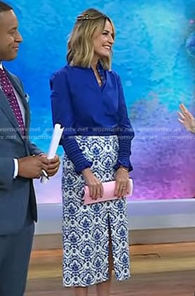 Savannah's blue smocked cuff blouse and tapestry print skirt on Today