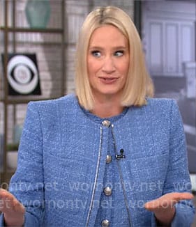 Caroline Polisi's blue tweed jacket and dress on CBS Mornings