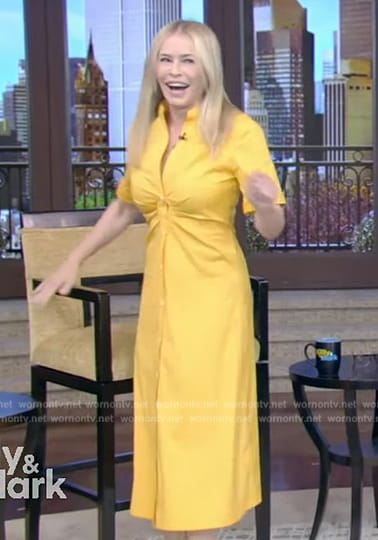 Chelsea Handler's orange gathered shirtdress on Live with Kelly and Mark