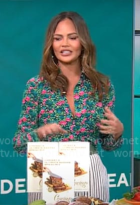 Chrissy Teigen's green floral button down shirt on CBS Mornings