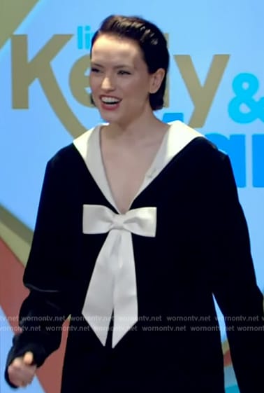 Daisy Ridley's black contrast tie neck dress on Live with Kelly and Mark