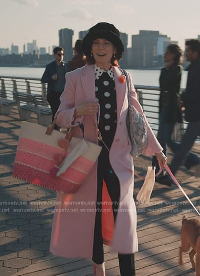 Elsbeth's pink coat and polka dot print top on Elsbeth