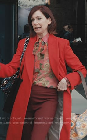 Elsbeth's red floral print blouse and bag on Elsbeth
