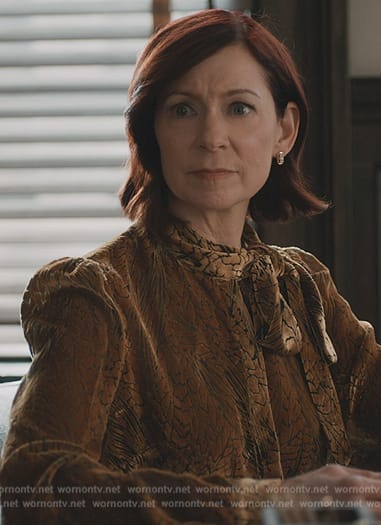 Elsbeth's yellow velvet tie neck blouse on Elsbeth