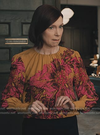 Elsbeth's yellow floral print top on Elsbeth