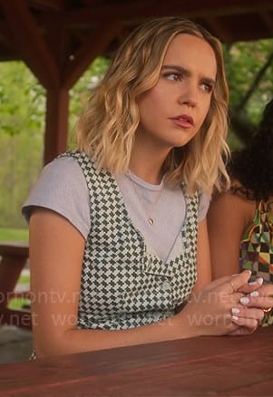 Imogen's blue heart top and green geometric print dress on Pretty Little Liars Original Sin