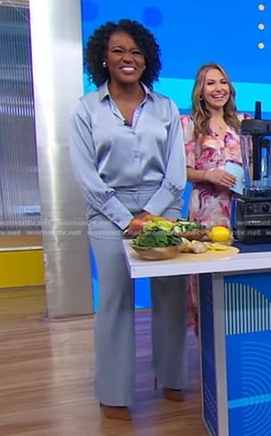 Janai's blue satin shirt and pants on Good Morning America