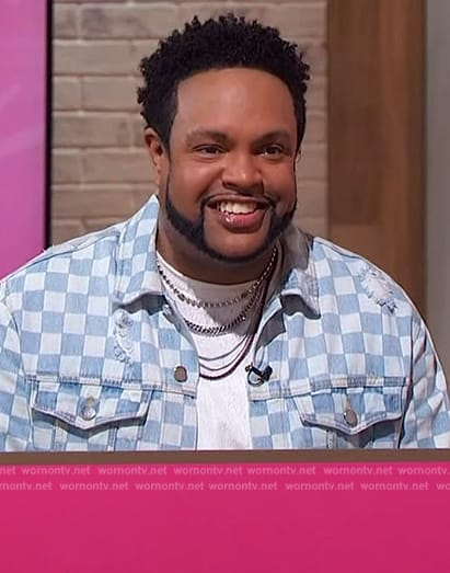 Jawn's checkerboard denim jacket on Sherri