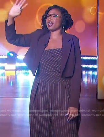 Jennifer's brown pinstripe jumpsuit on The Jennifer Hudson Show