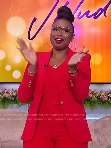 Jennifer's red blazer and wide leg pants on The Jennifer Hudson Show