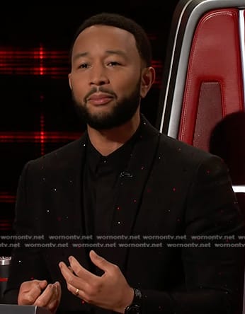 John Legend's black rhinestone embellished blazer and pant suit on The Voice