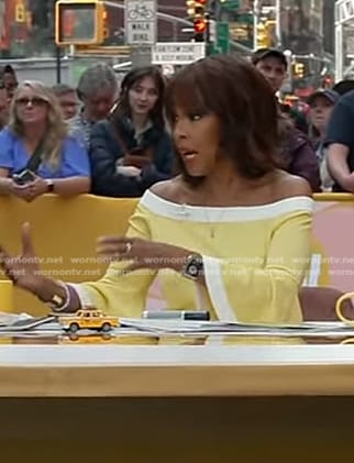 Gayle King's yellow off-shoulder bell sleeve top on The Drew Barrymore Show