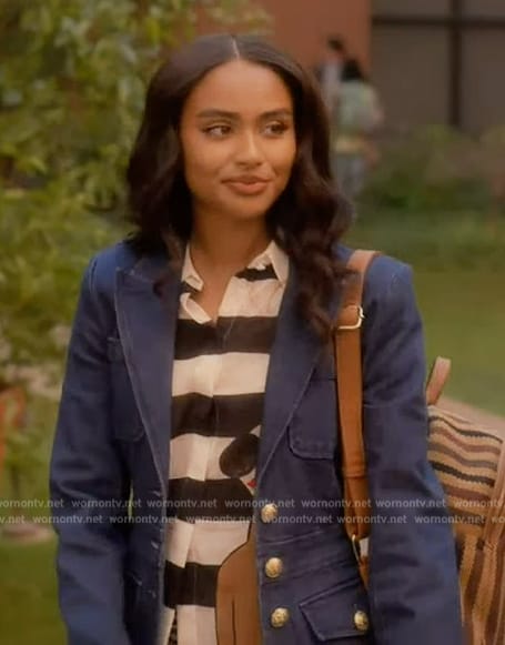 Keila's denim jacket and striped shirt on Grown-ish