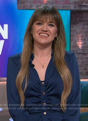 Kelly's navy button front mini dress on The Kelly Clarkson Show