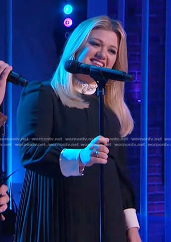 Kelly's black pleated ruffle neck dress on The Kelly Clarkson Show