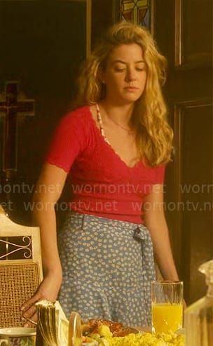 Kelly's pink scalloped trim top and blue floral skirt on Pretty Little Liars Original Sin