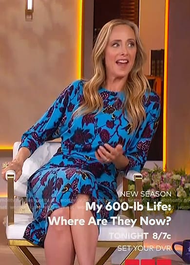 Kim Raver's blue floral print ruched dress on The Jennifer Hudson Show