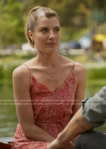 Kim's red printed sleeveless dress on 9-1-1
