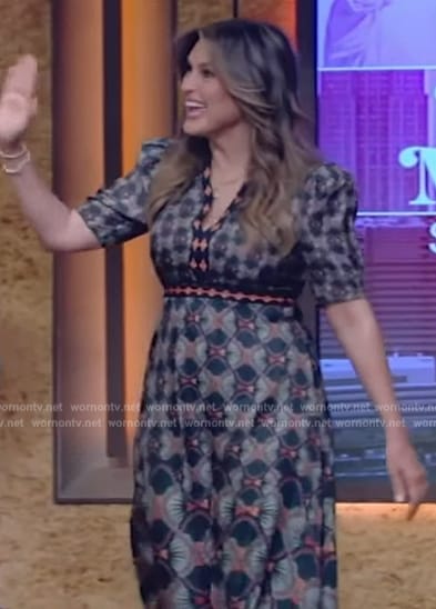 Mariska Hargitay's printed v-neck dress on Live with Kelly and Mark