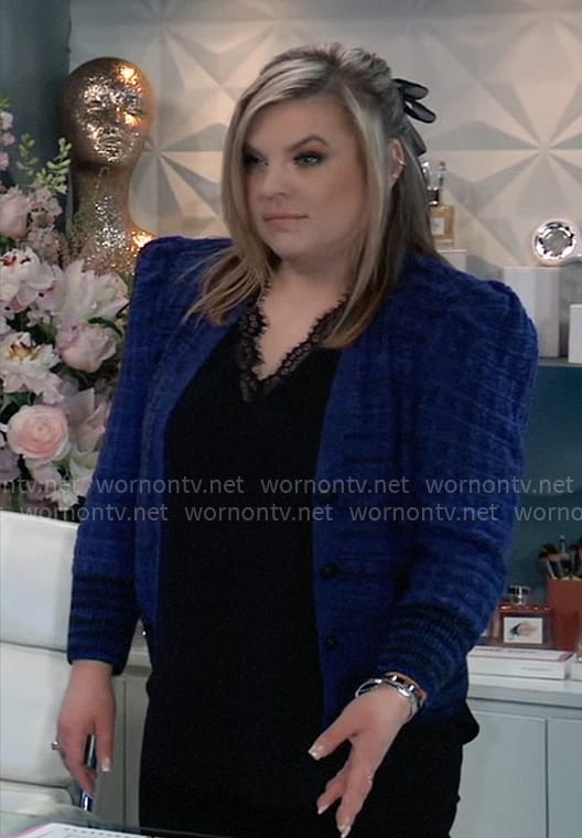 Maxie's blue cardigan and black lace-trim top on General Hospital
