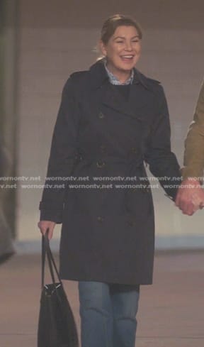 Meredith's navy trench coat and jeans on Greys Anatomy