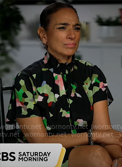 Michelle Miller's black and green abstract print dress on CBS Mornings