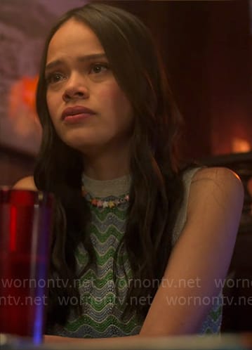Mouse's blue and green wavy stripe knit top on Pretty Little Liars Original Sin