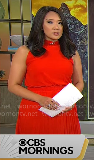 Nancy Chen's red pleated sleeveless dress on CBS Mornings