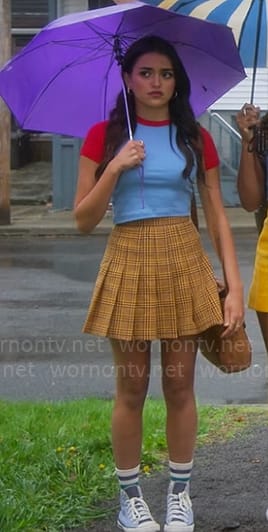 Noa's blue and red top with yellow plaid skirt on Pretty Little Liars Original Sin