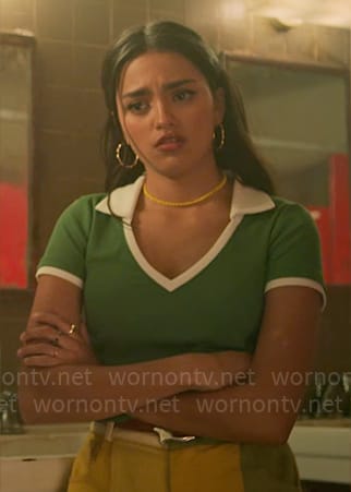 Noa's green contrast trim polo top on Pretty Little Liars Original Sin