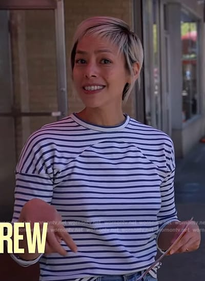 Pilar Valdes's blue stripe top on The Drew Barrymore Show