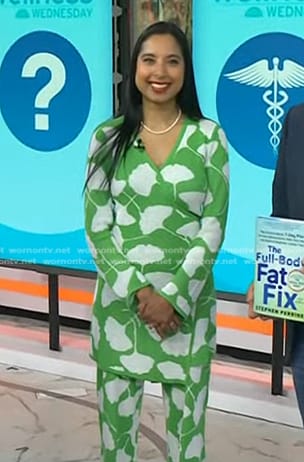 Dr. Roshini Rajapaksa's green and white printed wrap tunic top and pants set on Today
