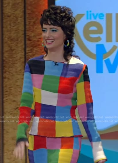 Sarah Sherman's multicolored smocked top and skirt on Live with Kelly and Mark