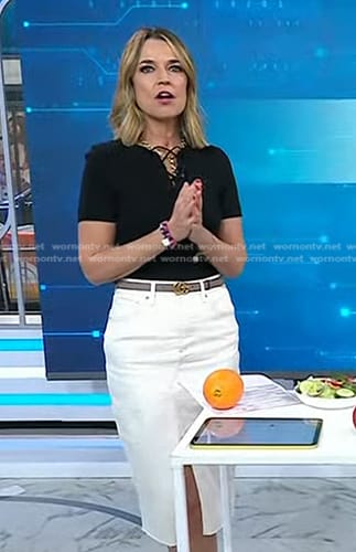 Savannah's black lace-up top and white denim skirt on Today