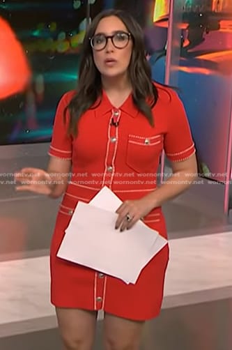 Savannah's red mini dress with white stitching on NBC News Daily