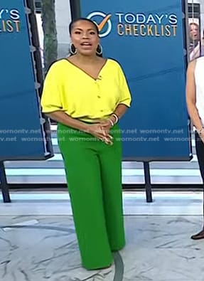 Sheinelle's yellow cardigan and green wide-leg pants on Today