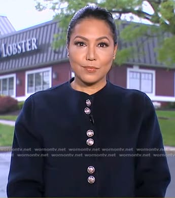 Stephnie's navy crew neck button jacket on Good Morning America