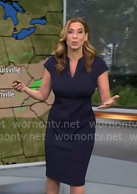 Stephanie Abrams' navy v-neck sheath dress on CBS Mornings